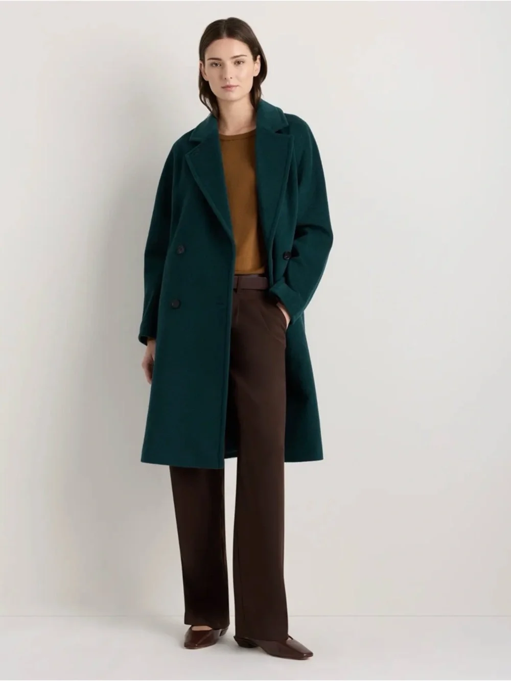 Quince Italian Wool and Cashmere Double Breasted Slouch Cost in Nocturn Green Lg